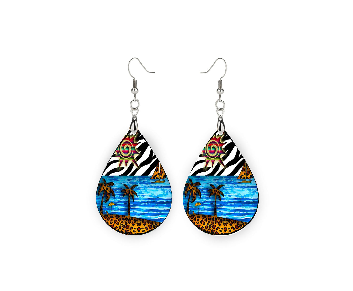 Animal Print Beach Scene Print Tear Drop Wood Dangle Earrings Hypoallergenic Jewelry