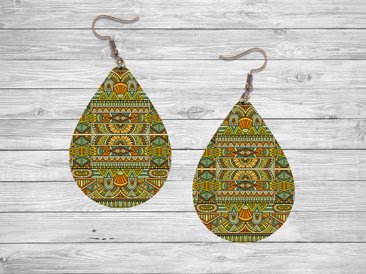 Art Deco Geometric Print Tear Drop Wood Dangle Earrings Hypoallergenic Jewelry