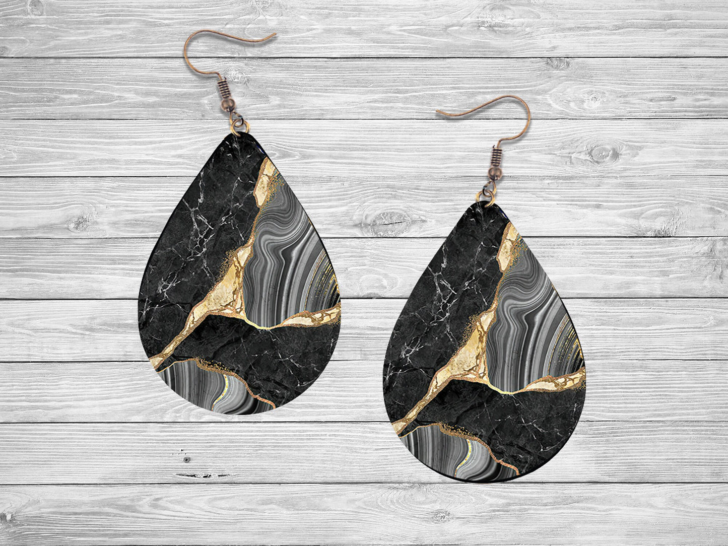 Black and Gray Swirl Print Tear Drop Wood Dangle Earrings Hypoallergenic Jewelry