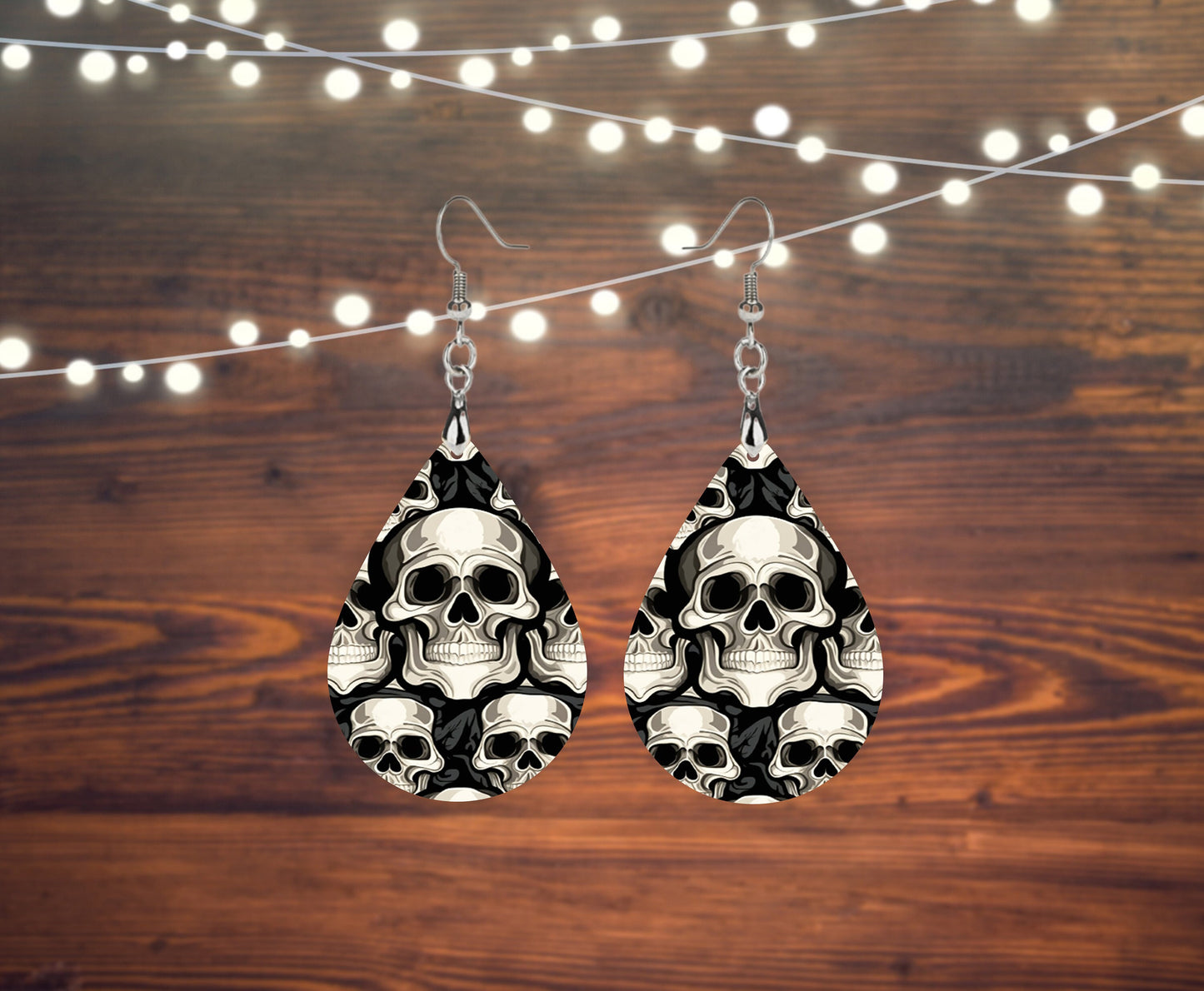 Black and White Skulls Print Tear Drop Wood Dangle Earrings Hypoallergenic Jewelry