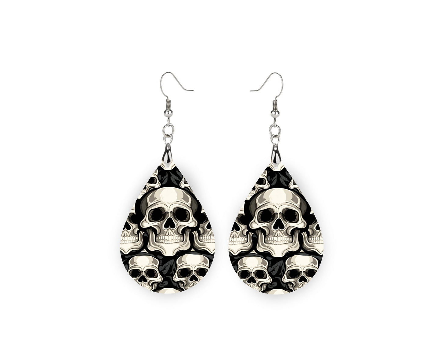 Black and White Skulls Print Tear Drop Wood Dangle Earrings Hypoallergenic Jewelry