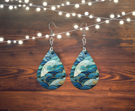 Blue Clouds Swirl Print Tear Drop Wood Dangle Earrings Hypoallergenic Jewelry