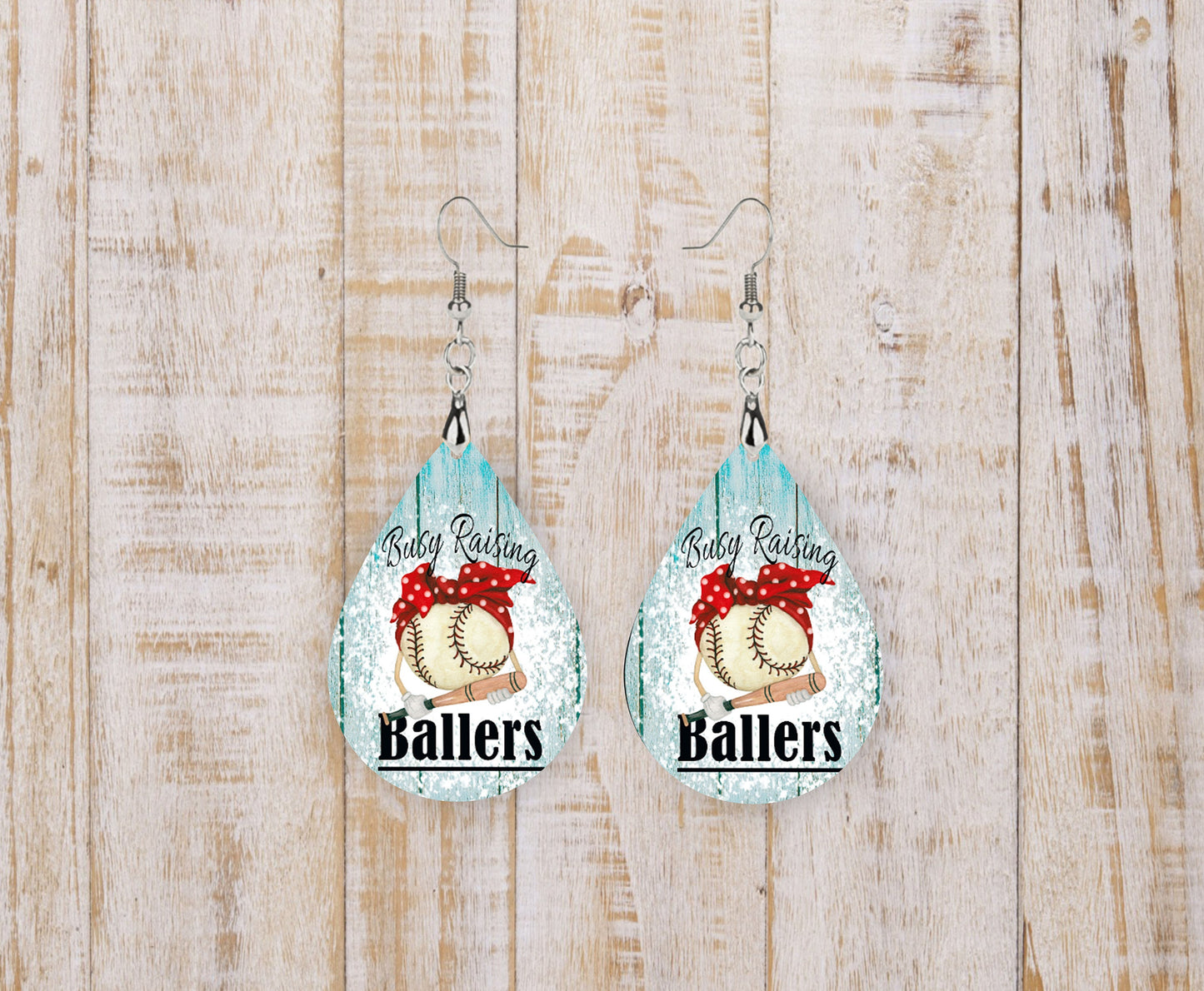 Busy Raising Ballers Print Tear Drop Wood Dangle Earrings Hypoallergenic Jewelry