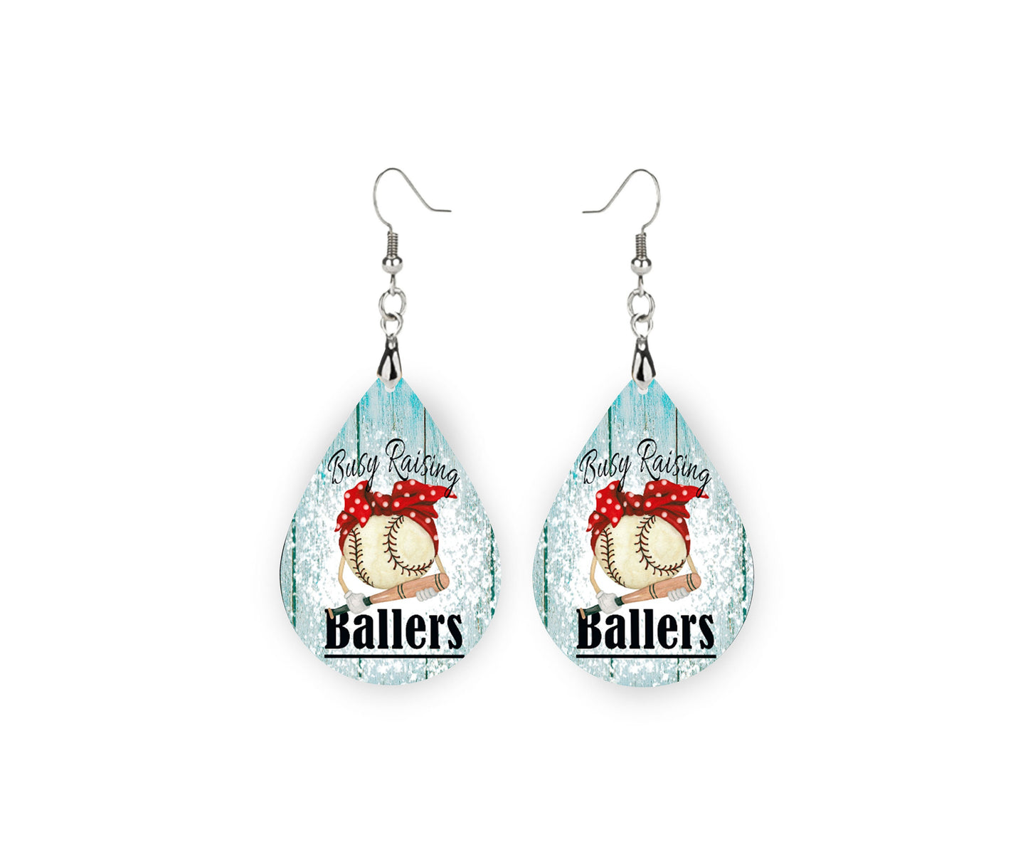 Busy Raising Ballers Print Tear Drop Wood Dangle Earrings Hypoallergenic Jewelry