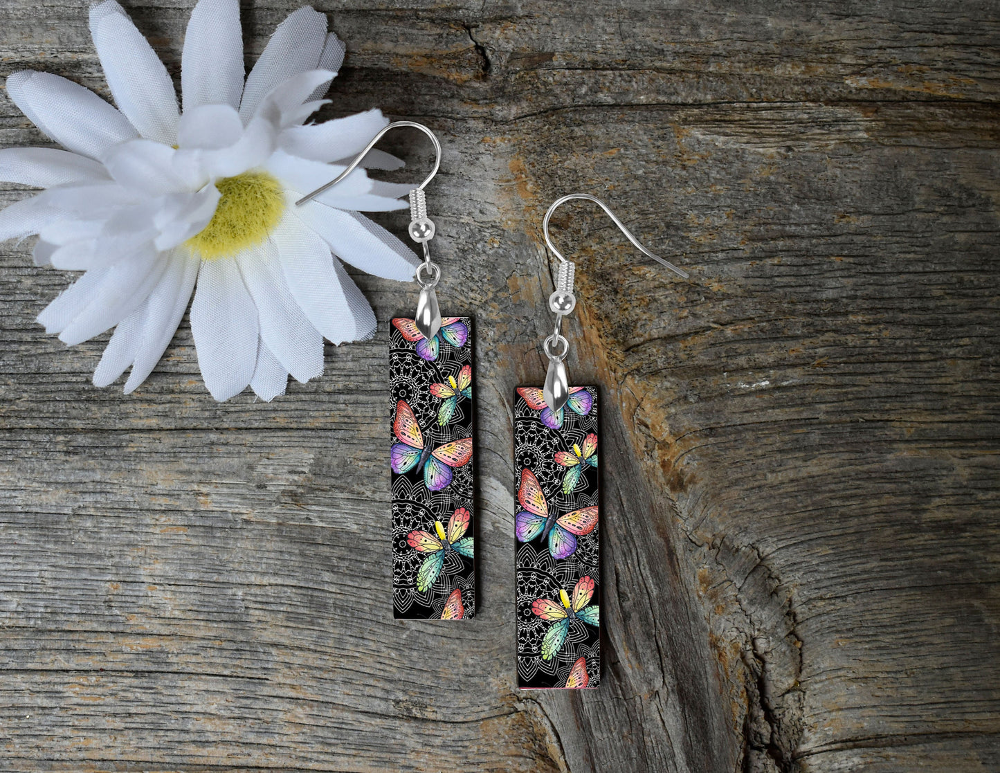 Butterflies on Black Print Western Printed Wood Dangle Earrings Hypoallergenic Jewelry Handmade