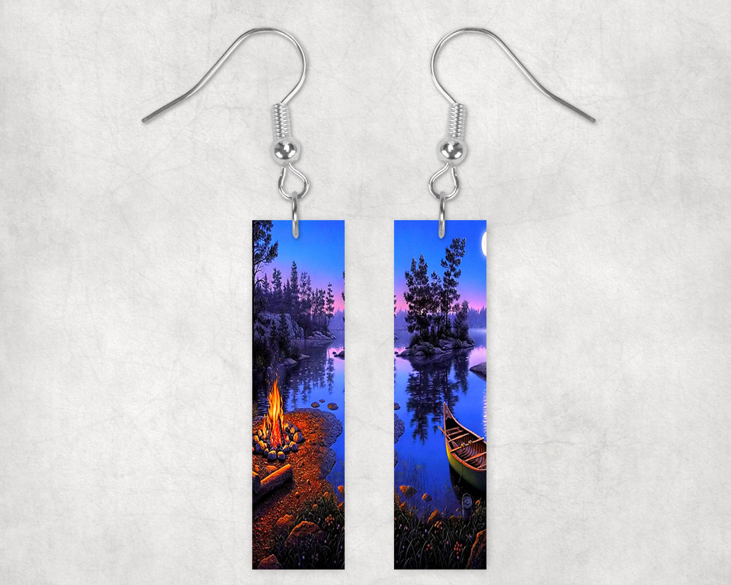 Lakeside Campfire Printed Wood Dangle Earrings Hypoallergenic Jewelry Handmade