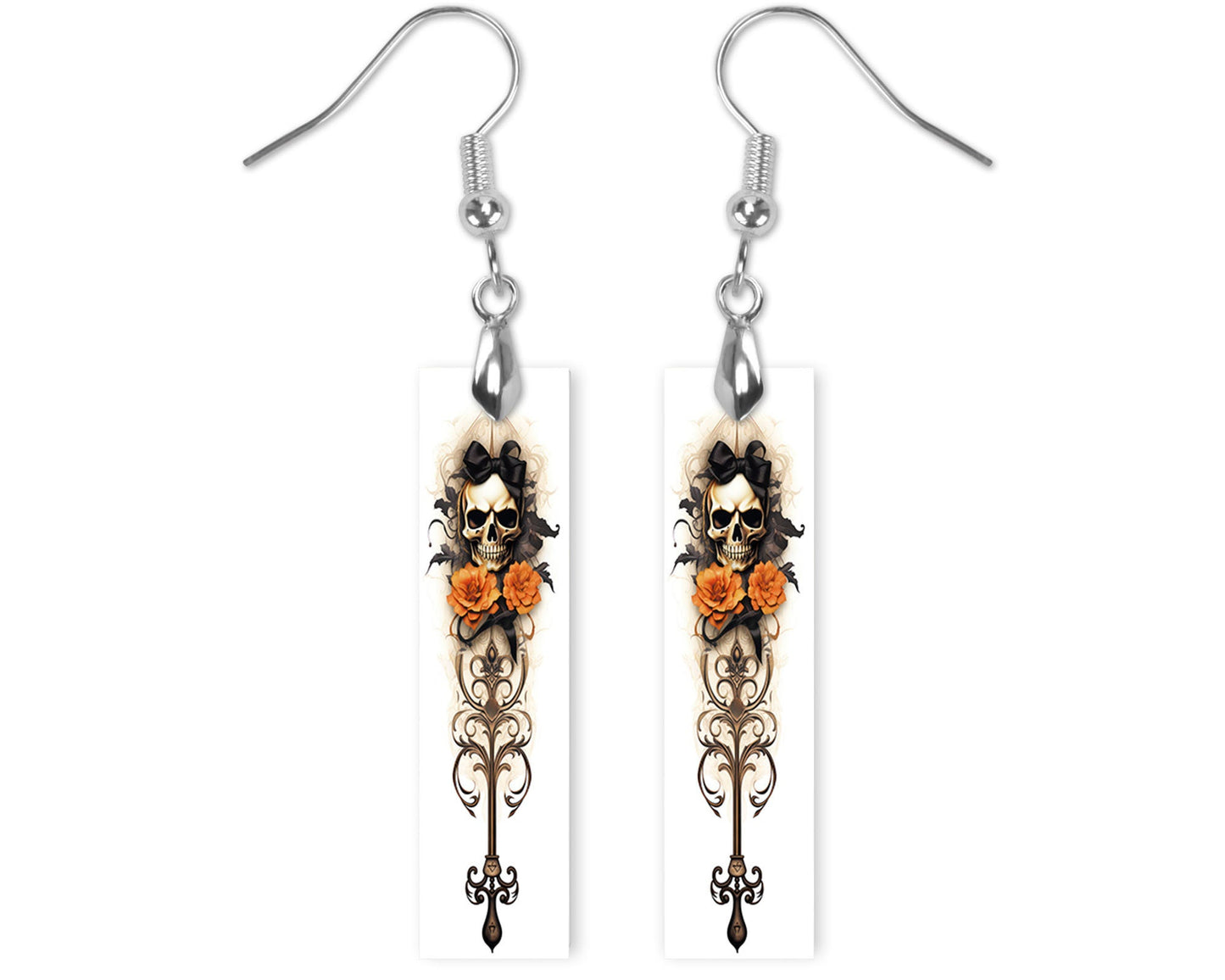 Skull on a Spike Halloween Printed Wood Dangle Earrings Hypoallergenic Jewelry Handmade