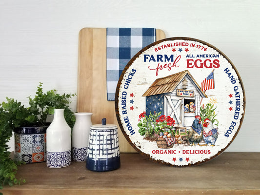 All American Fresh Eggs Farmhouse Sign Round Printed Handmade Wood Sign, Door Hanger, Wreath Sign