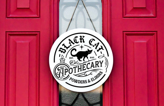 Black Cat Apothecary Wreath Sign Halloween Round Printed Handmade Wood Sign Door Hanger