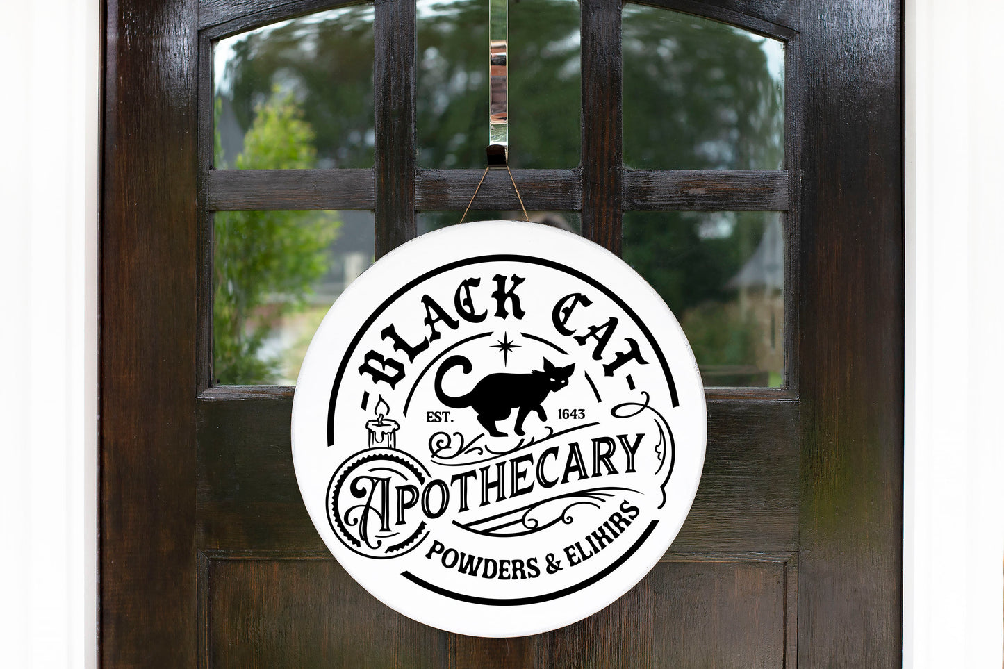 Black Cat Apothecary Wreath Sign Halloween Round Printed Handmade Wood Sign Door Hanger