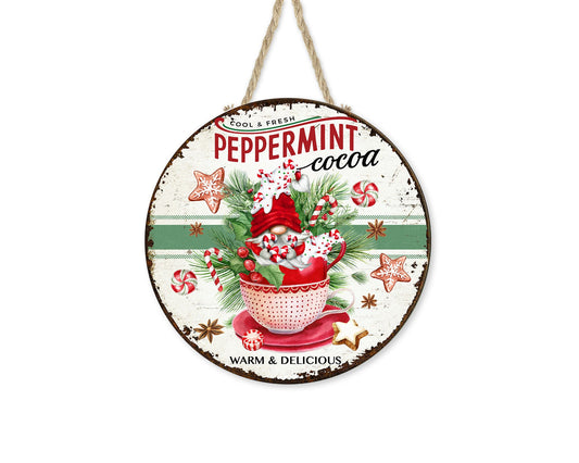 New Release Peppermint Cocoa Christmas Round Printed Handmade Wood Sign Farmhouse Door Hanger Wreath Sign