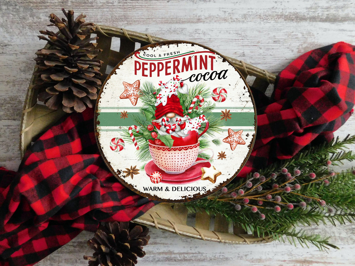 New Release Peppermint Cocoa Christmas Round Printed Handmade Wood Sign Farmhouse Door Hanger Wreath Sign