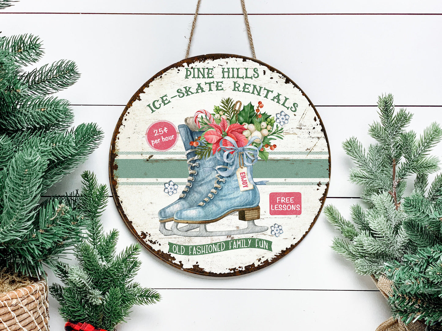 New Release Pine Hills Ice Skating Christmas Round Printed Handmade Wood Sign Farmhouse Door Hanger Wreath Sign