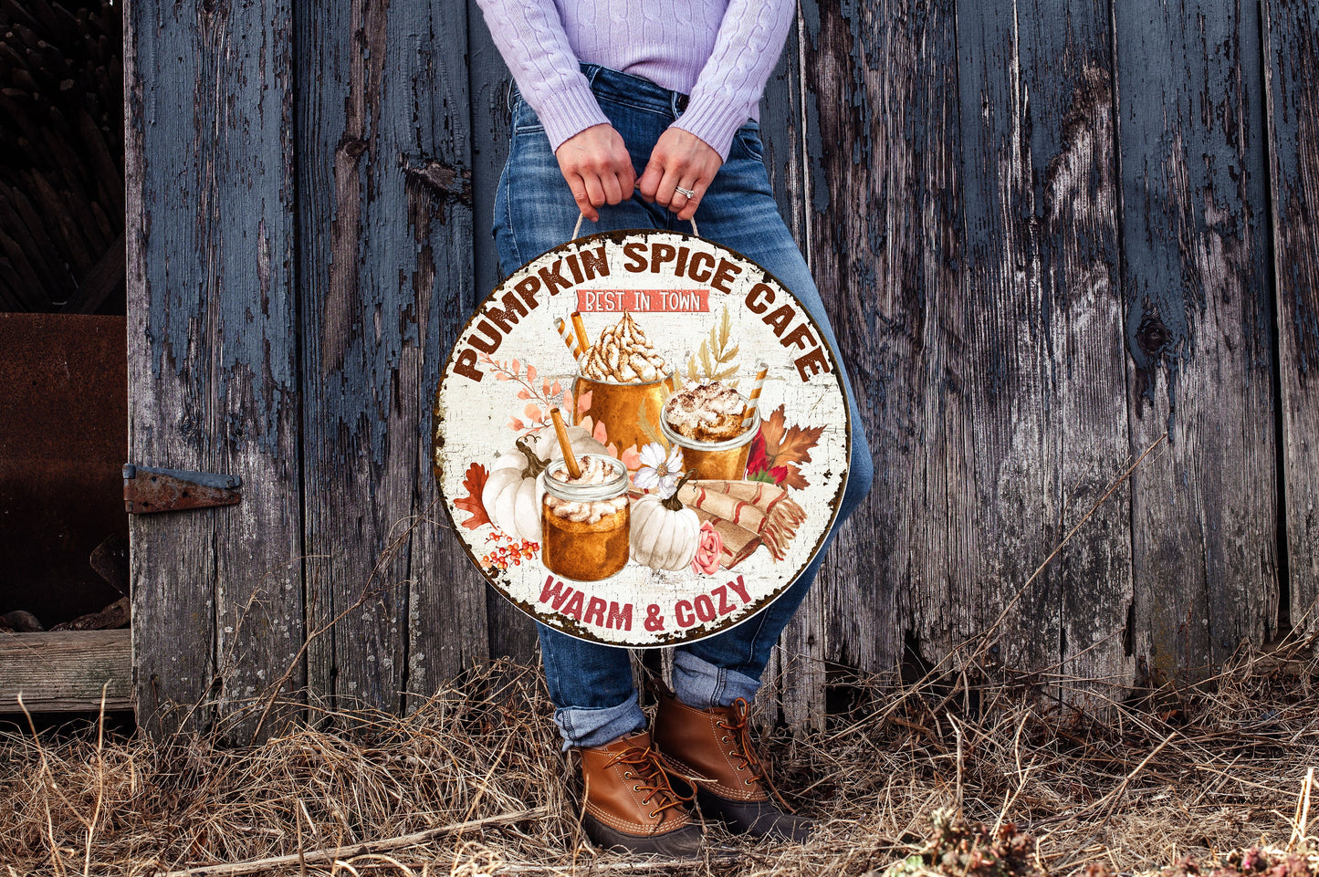 New Release Pumpkin Spice Cafe Fall Round Printed Handmade Wood Sign Farmhouse Door Hanger Wreath Sign