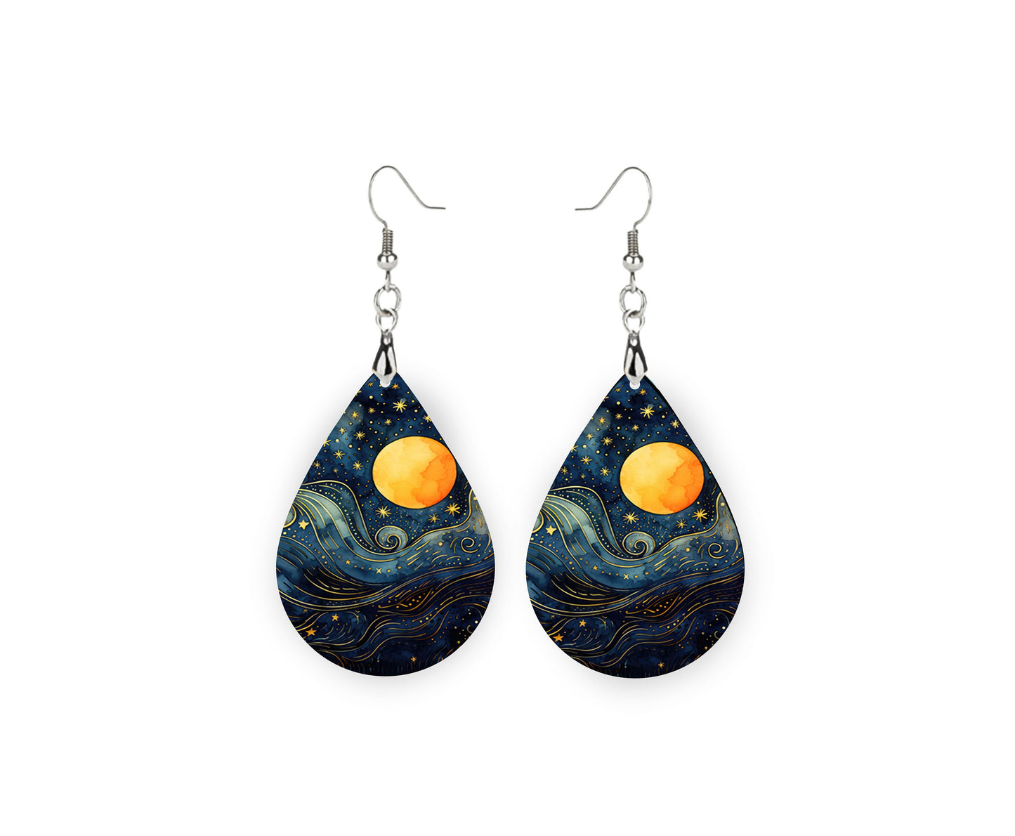 Golden Moon Print Tear Drop Wood Dangle Earrings Hypoallergenic Jewelry