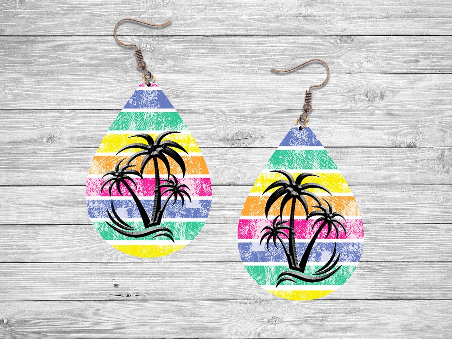 Rainbow Palms Print Tear Drop Wood Dangle Earrings Hypoallergenic Jewelry