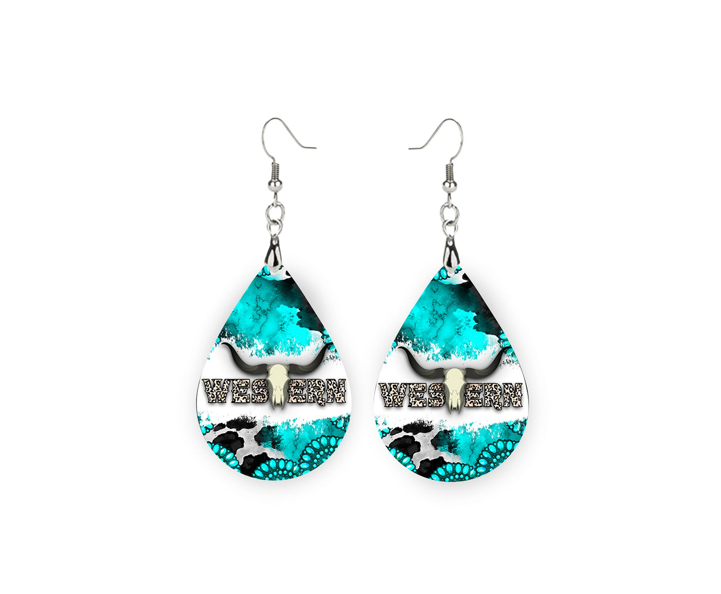 Turquoise Western Print Tear Drop Wood Dangle Earrings Hypoallergenic Jewelry