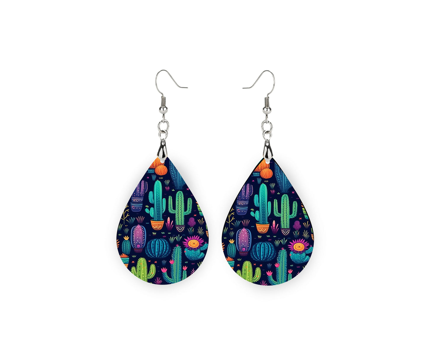 Vibrant Cactus Print Western Tear Drop Wood Dangle Earrings Hypoallergenic Jewelry