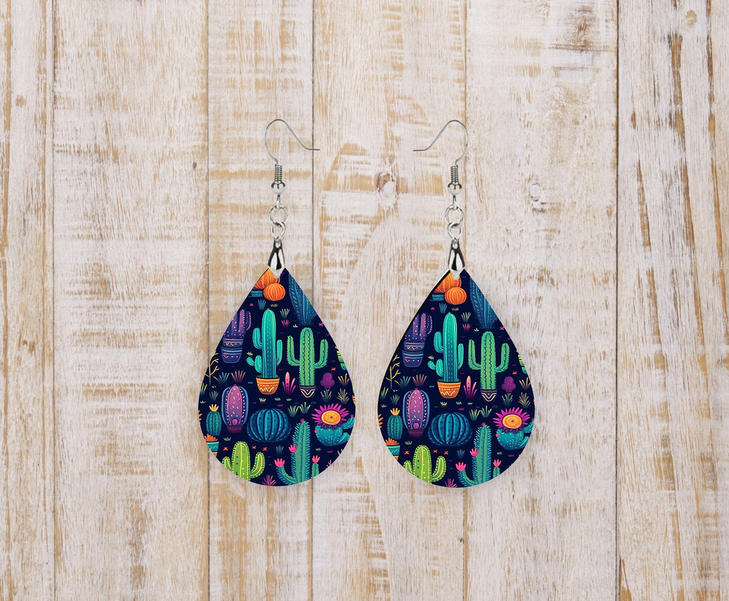 Vibrant Cactus Print Western Tear Drop Wood Dangle Earrings Hypoallergenic Jewelry