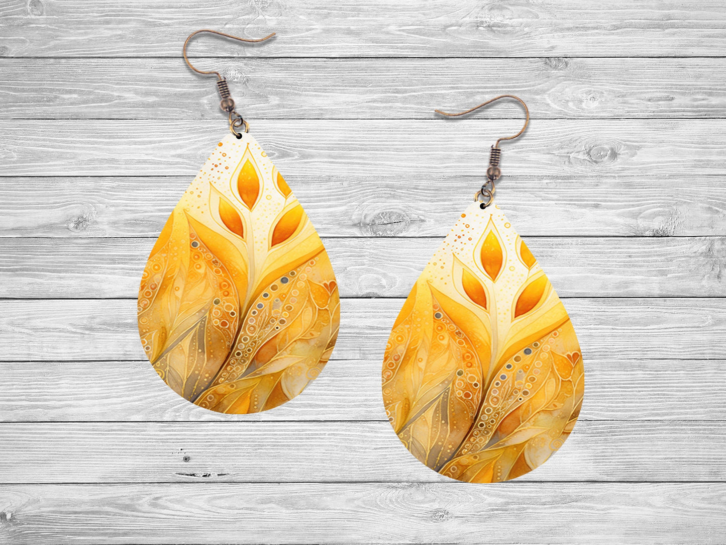 Golden Leaves Tear Drop Dangle Printed Earrings Jewelry Handmade