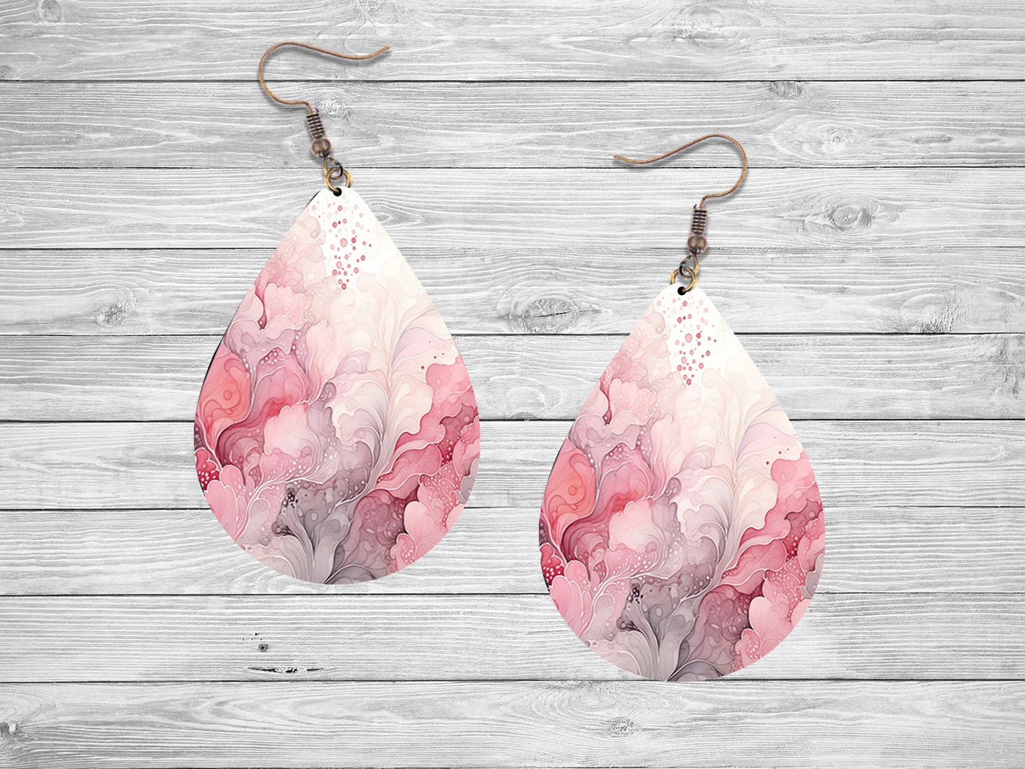 Pink and Gray Fan Pattern Tear Drop Dangle Printed Earrings Jewelry Handmade