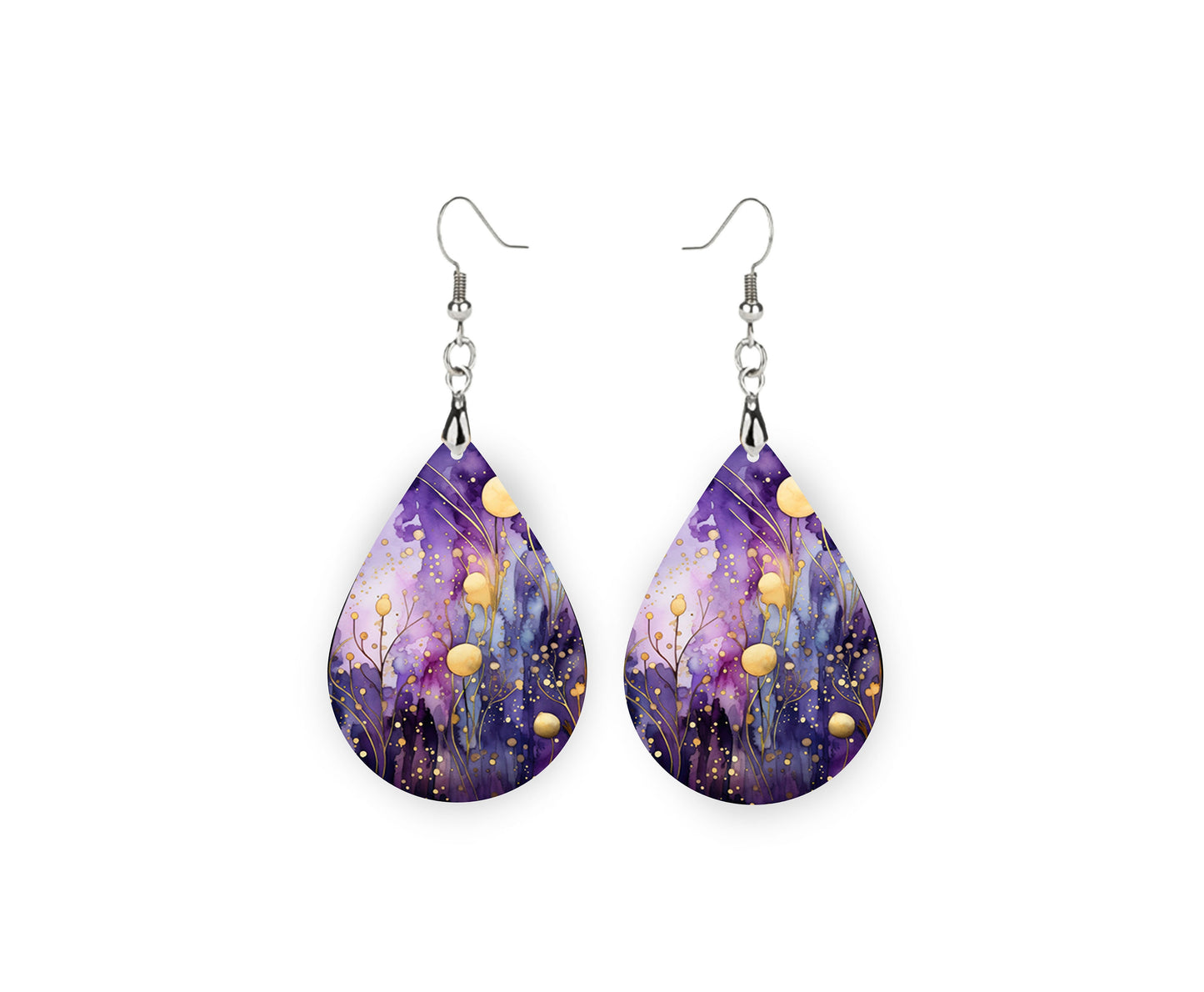 Purple Haze Tear Drop Dangle Pendientes impresos Joyería hecha a mano