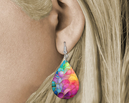 Rainbow Stain Glass Pattern Tear Drop Dangle Printed Earrings Jewelry Handmade