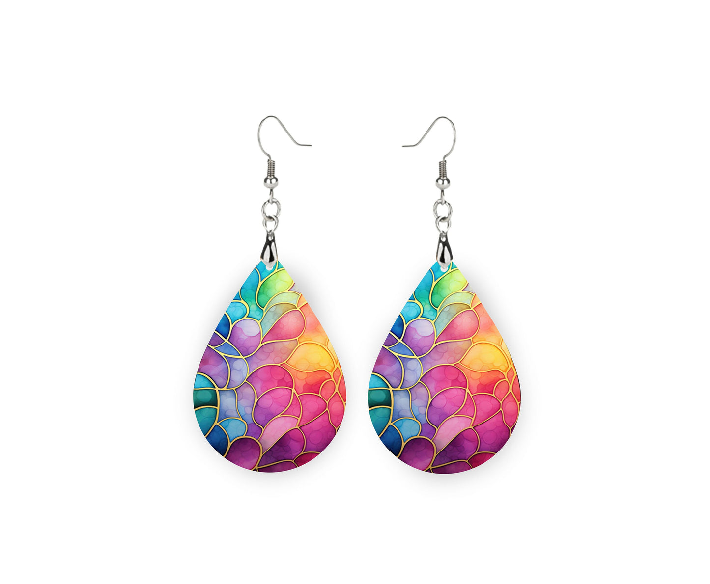 Rainbow Stain Glass Pattern Tear Drop Dangle Printed Earrings Jewelry Handmade