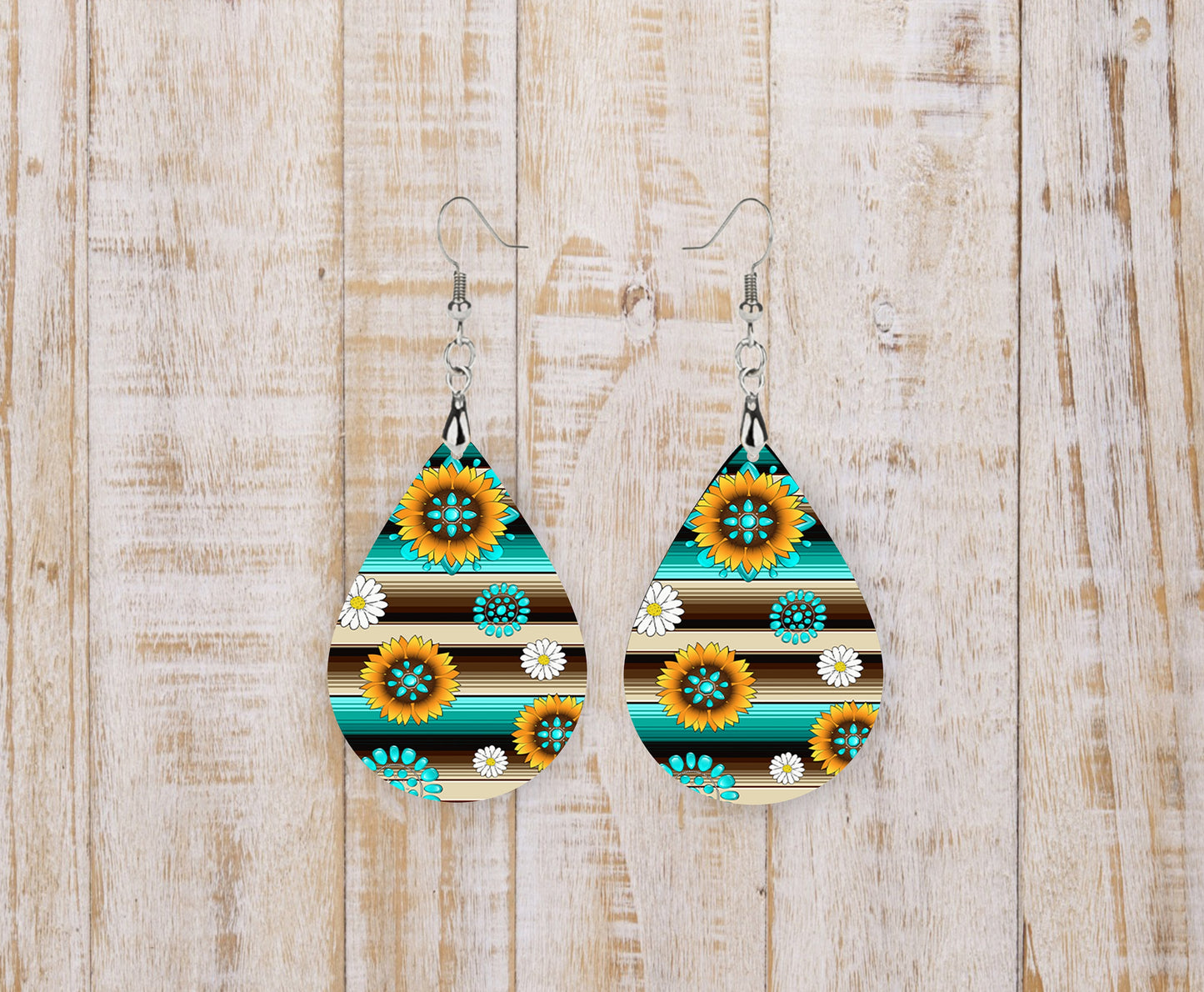 Turquoise Serape and Sunflower Pattern Tear Drop Dangle Printed Earrings Jewelry Handmade