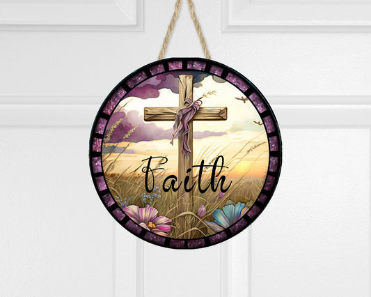 Faith Cross Round Printed Handmade Wood Sign Farmhouse Door Hanger Wreath Sign