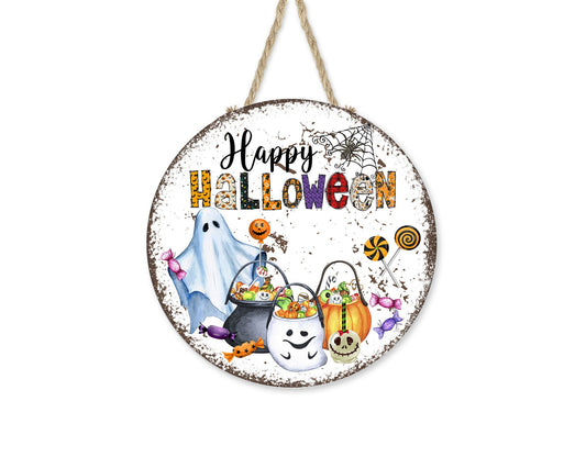 Happy Halloween Ghosts Round Printed Handmade Wood Sign Farmhouse Door Hanger Wreath Sign