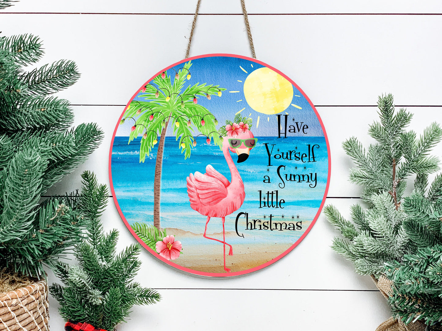 Have Yourself a Sunny Christmas Beach, letrero de madera hecho a mano con estampado redondo, colgador de puerta de granja, letrero de corona