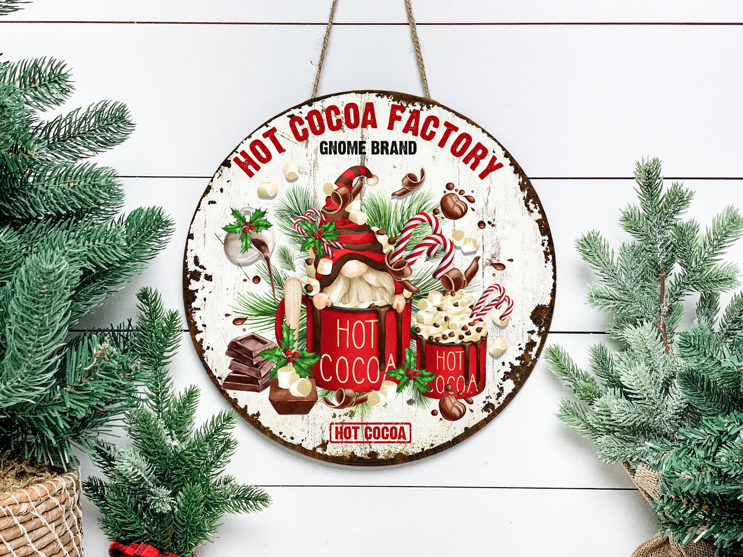 Hot Cocoa Factory-letrero de madera hecho a mano con estampado redondo navideño, colgador de puerta de granja, letrero de corona