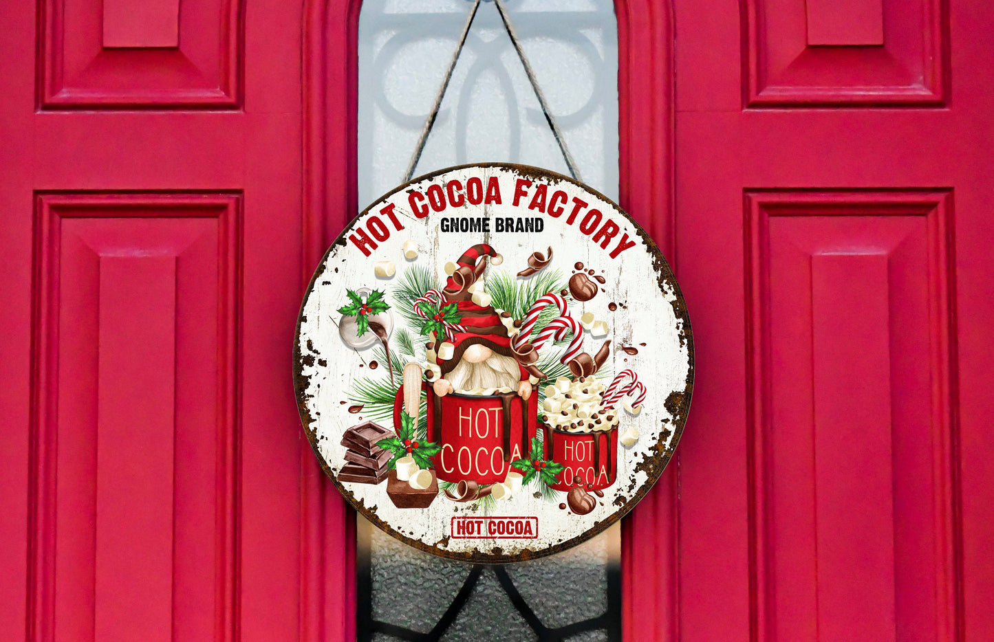 Hot Cocoa Factory-letrero de madera hecho a mano con estampado redondo navideño, colgador de puerta de granja, letrero de corona