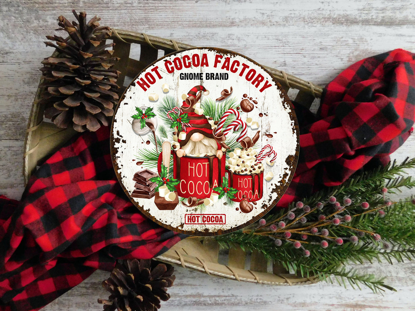 Hot Cocoa Factory-letrero de madera hecho a mano con estampado redondo navideño, colgador de puerta de granja, letrero de corona