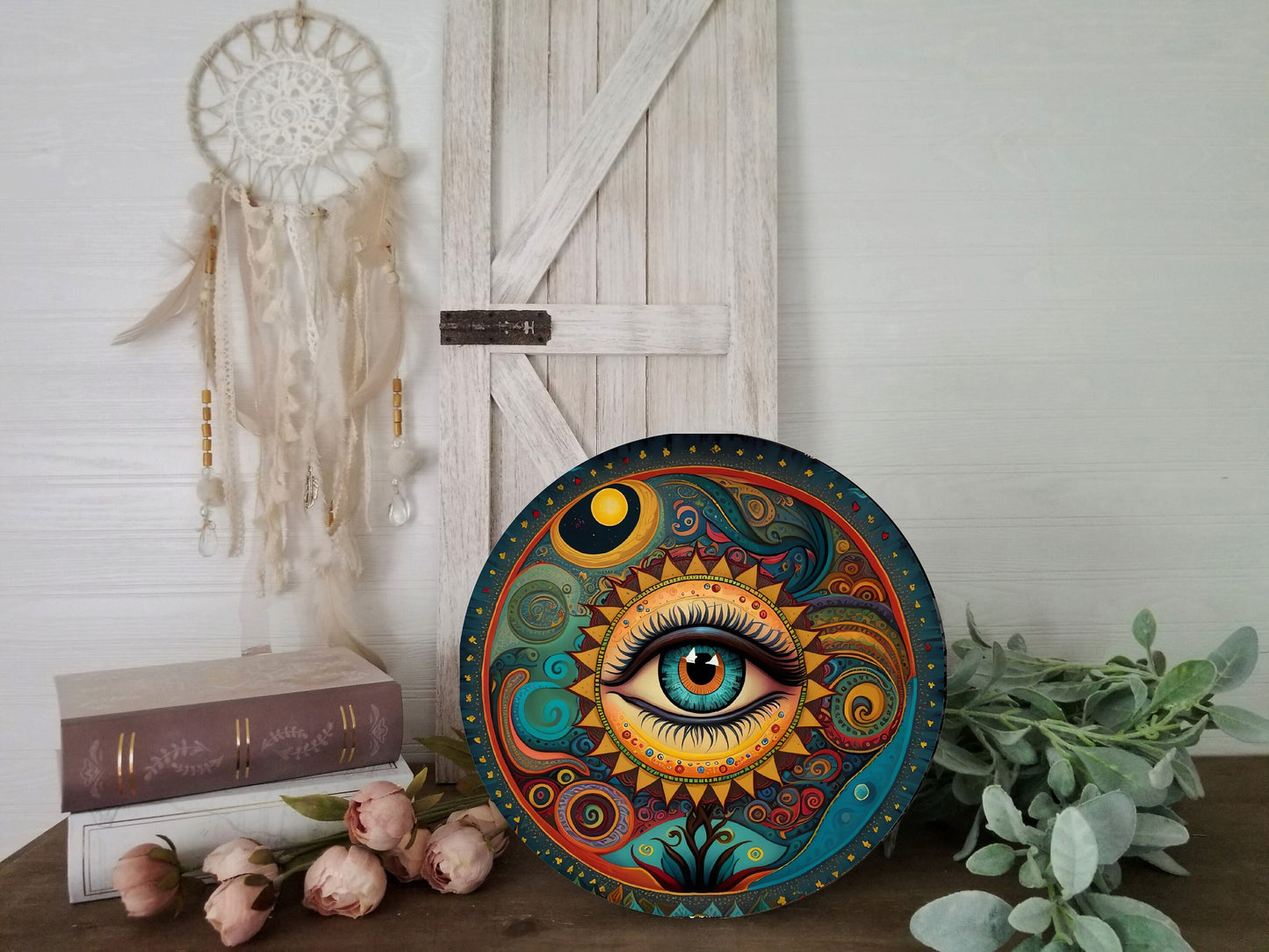 Evil Eye Round Hanging Wall Sign Wood Home Decor, Hippie Decor, Door Hanger, Wreath Sign