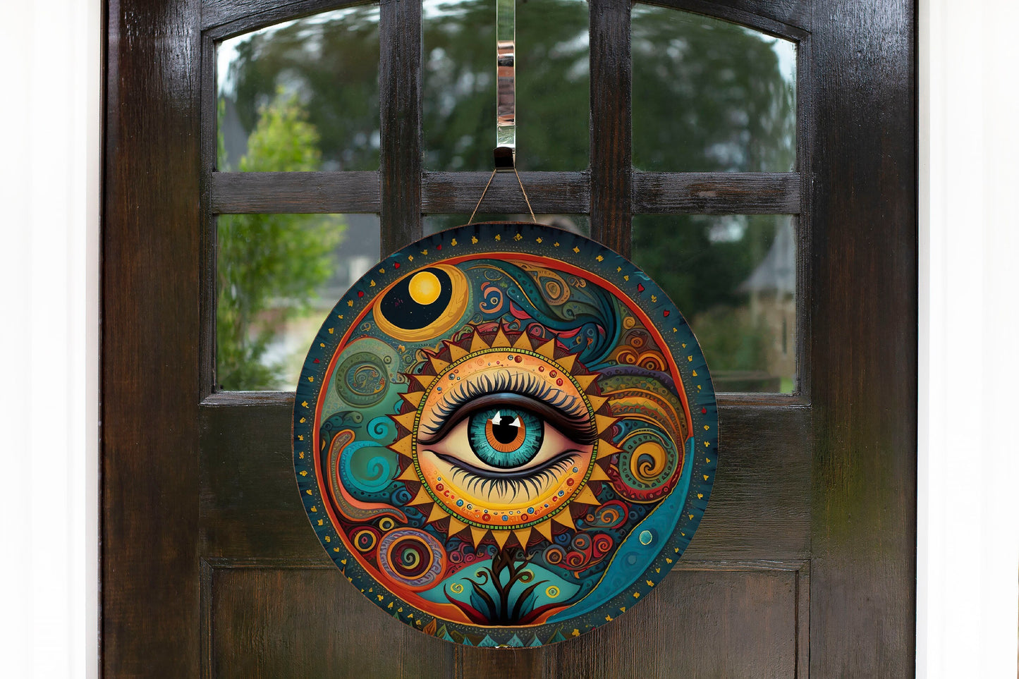 Evil Eye Round Hanging Wall Sign Wood Home Decor, Hippie Decor, Door Hanger, Wreath Sign