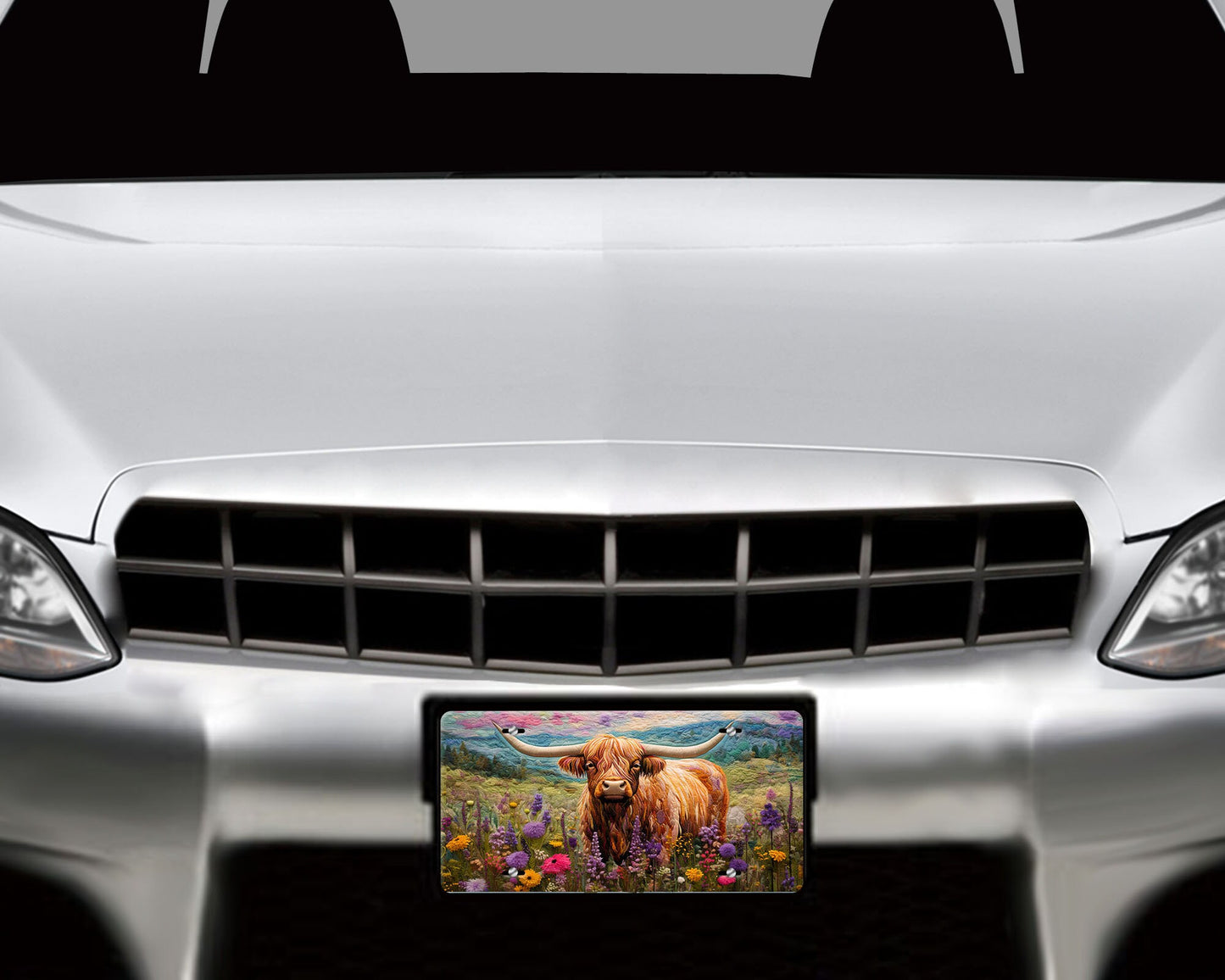 New Release Highland Cow in Wildflowers  Printed Aluminum Front License Plate, Car Accessory, Vanity Plate, Cute Car Tag