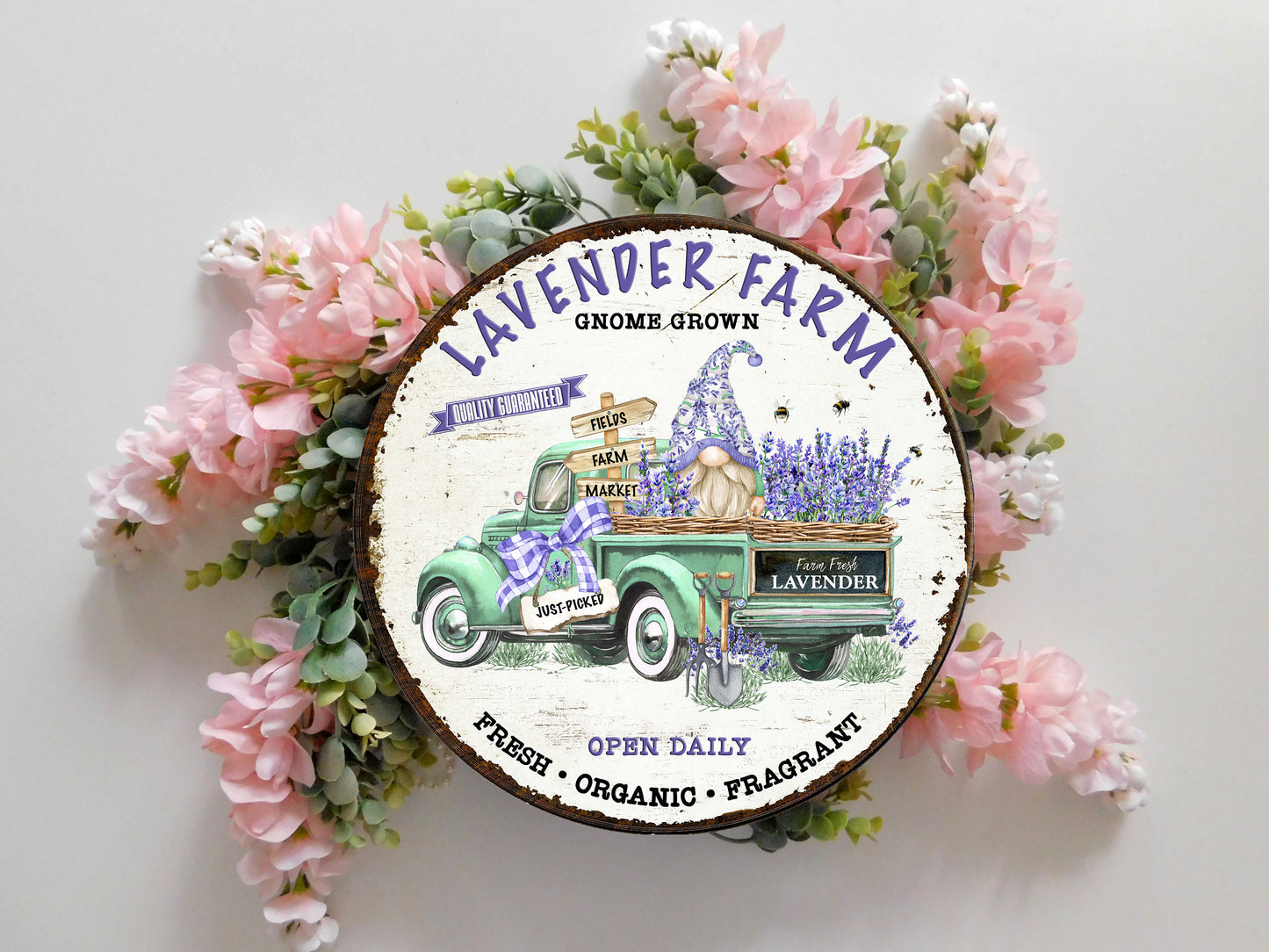 Lavender Farm Gnome Truck Round Printed Handmade Wood Sign Farmhouse Door Hanger Wreath Sign