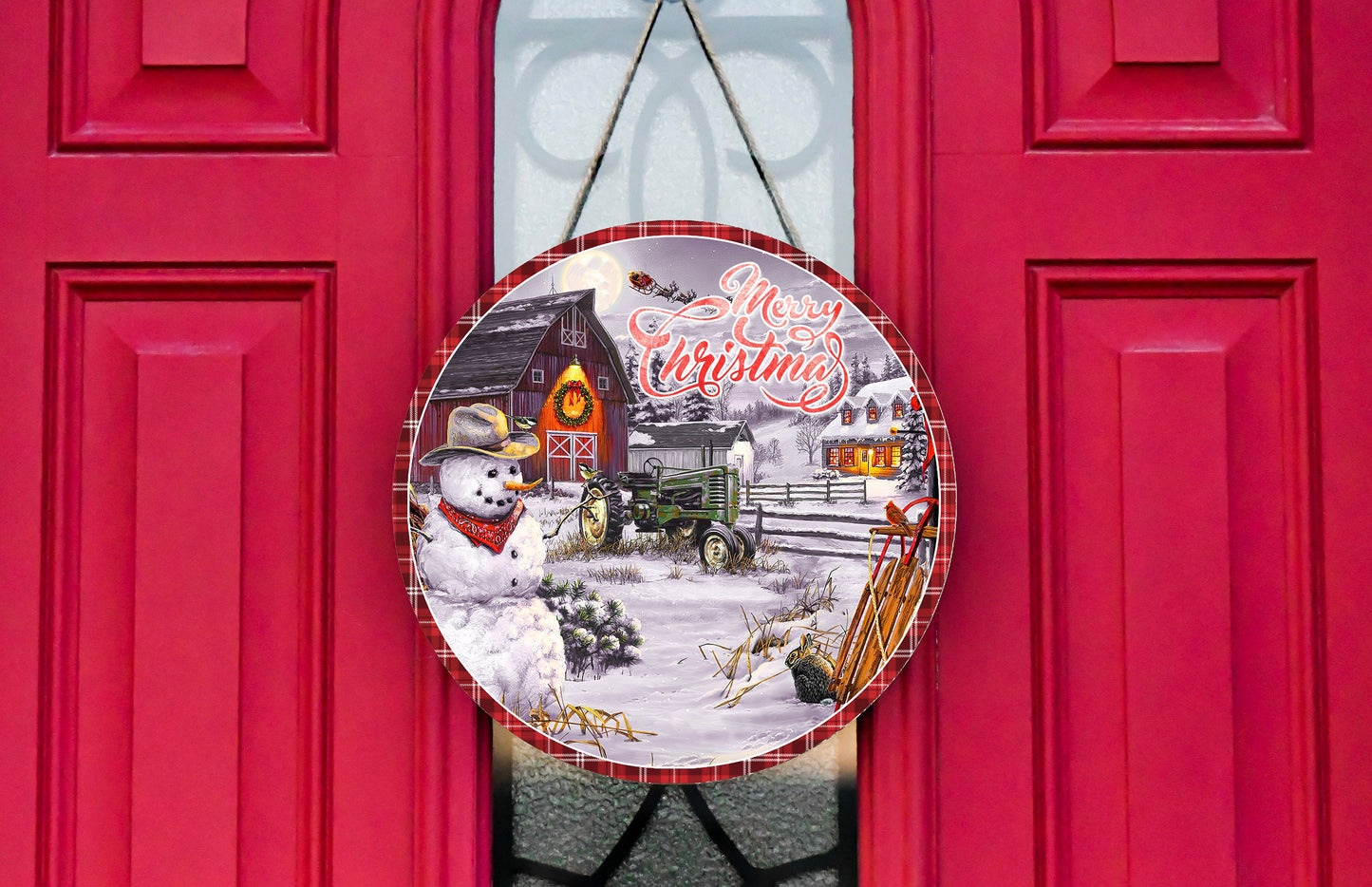 Merry Christmas Snowman on Farm Round Printed Handmade Wood Sign Farmhouse Door Hanger Wreath Sign