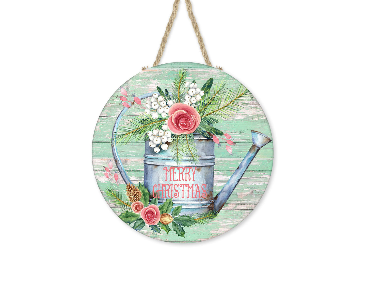 Merry Christmas Watering Can Round Printed Handmade Wood Sign Farmhouse Door Hanger Wreath Sign