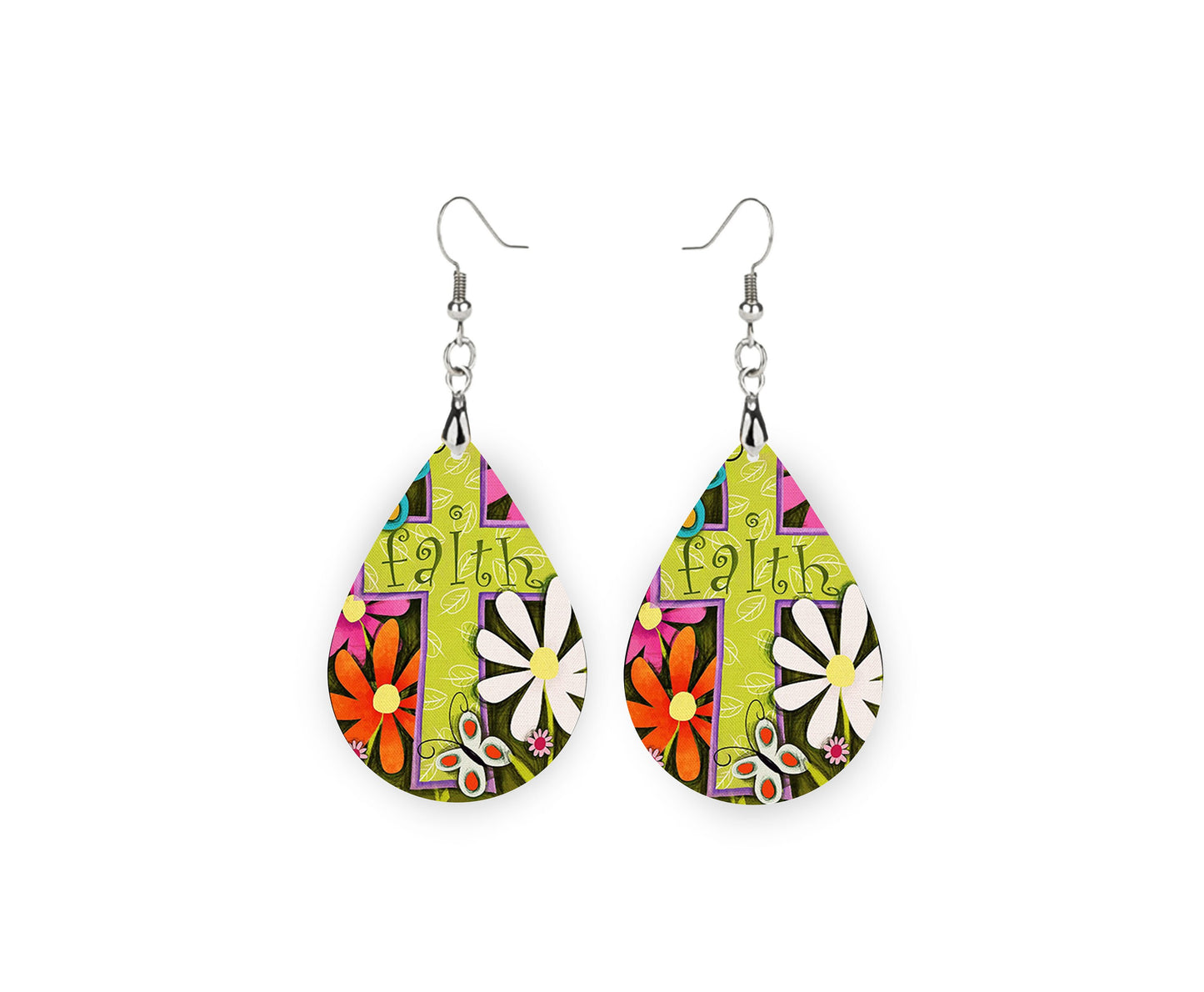 New Release Faith Cross Tear Drop Dangle Printed Earrings Jewelry Handmade