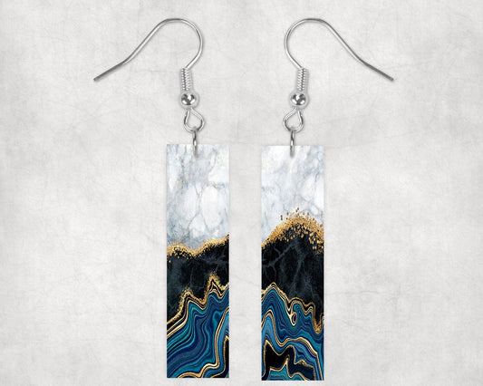 New Release Blue Black Agate Printed Wood Dangle Earrings Hypoallergenic Jewelry Handmade