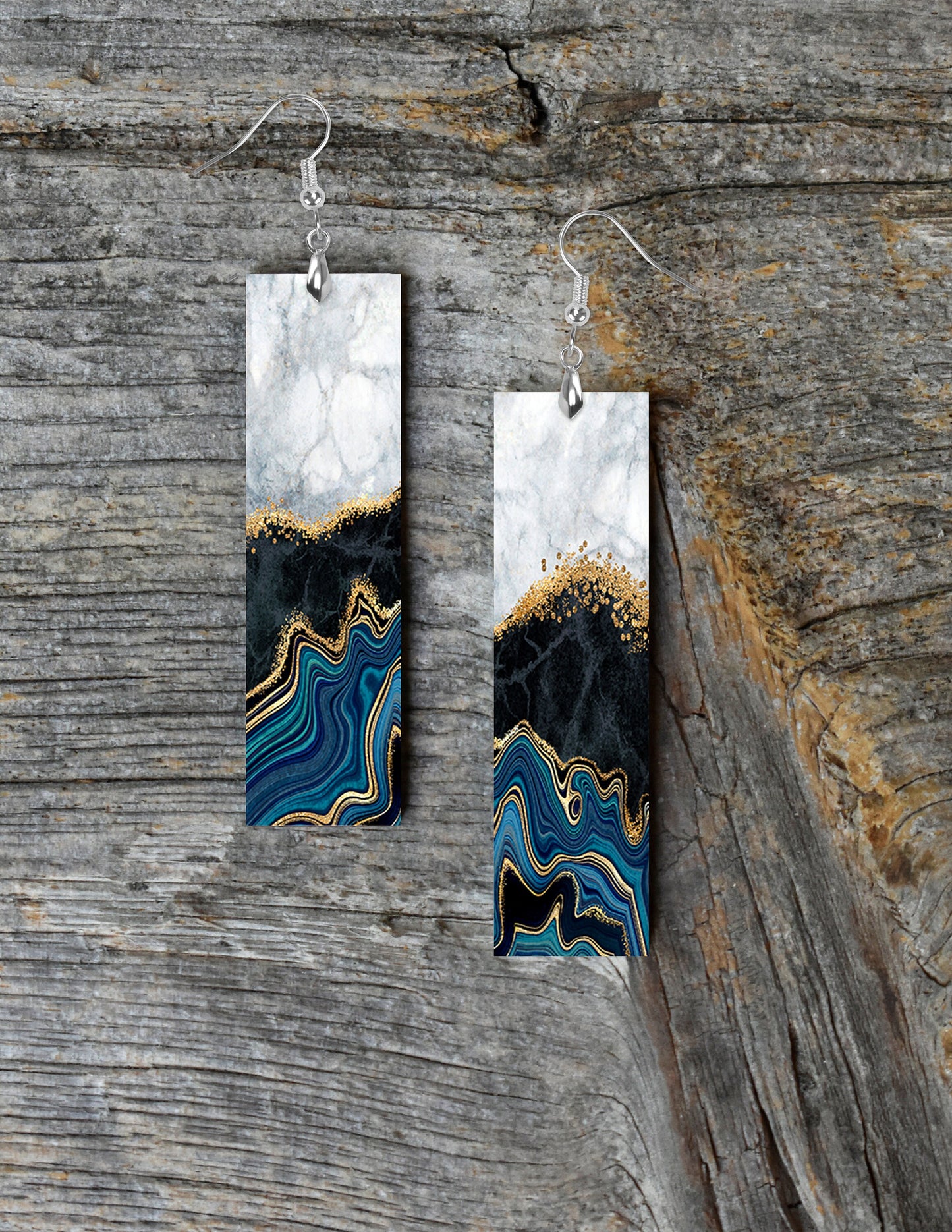 New Release Blue Black Agate Printed Wood Dangle Earrings Hypoallergenic Jewelry Handmade