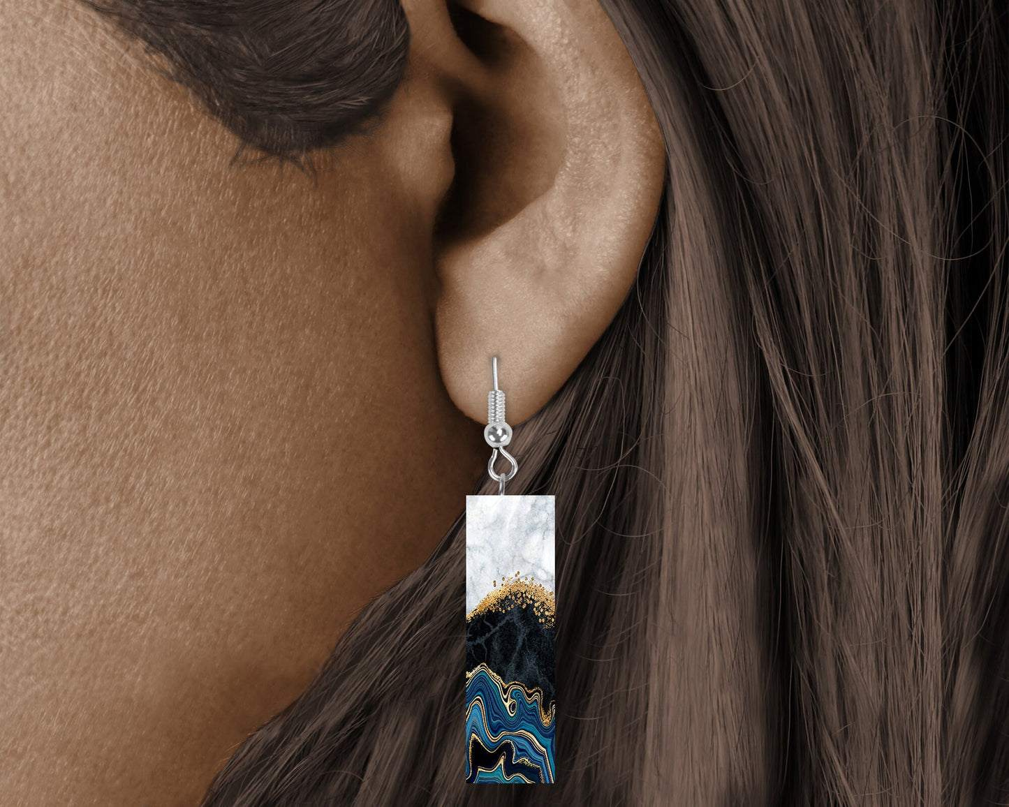 New Release Blue Black Agate Printed Wood Dangle Earrings Hypoallergenic Jewelry Handmade