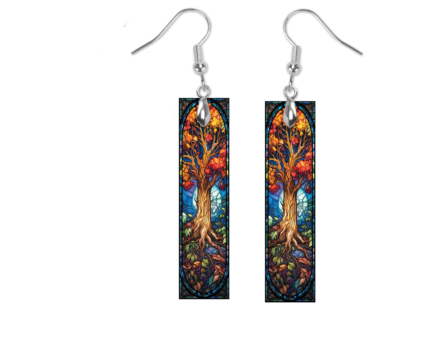 New Release Earrings, Fall Stain Glass Look Tree Dangle Printed Earrings Jewelry Handmade