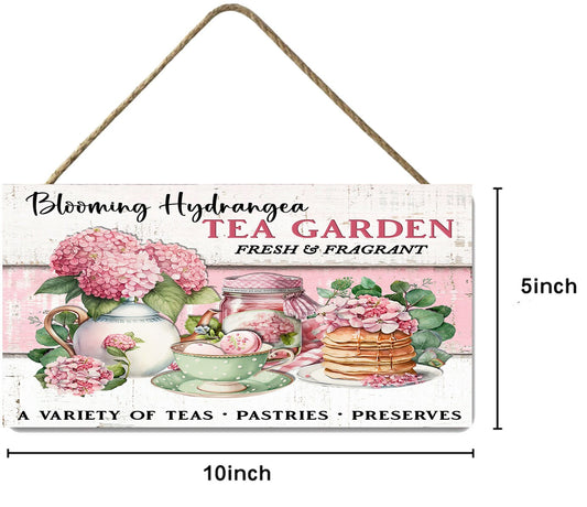 Blooming Hydrangea Tea Garden Twisted R Design Farmhouse Wood Sign, Wood Decorative Wall Signs 5" x 10" Wood Wall Decor Hanging Wall Sign