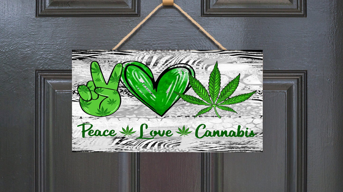 Peace Love Cannabis Hanging Wall Sign Wood Home Decor, Stoner Gift, Hippie Decor, Door Hanger