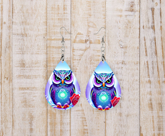 Blue Owls Tear Drop Dangle Printed Earrings Jewelry Handmade