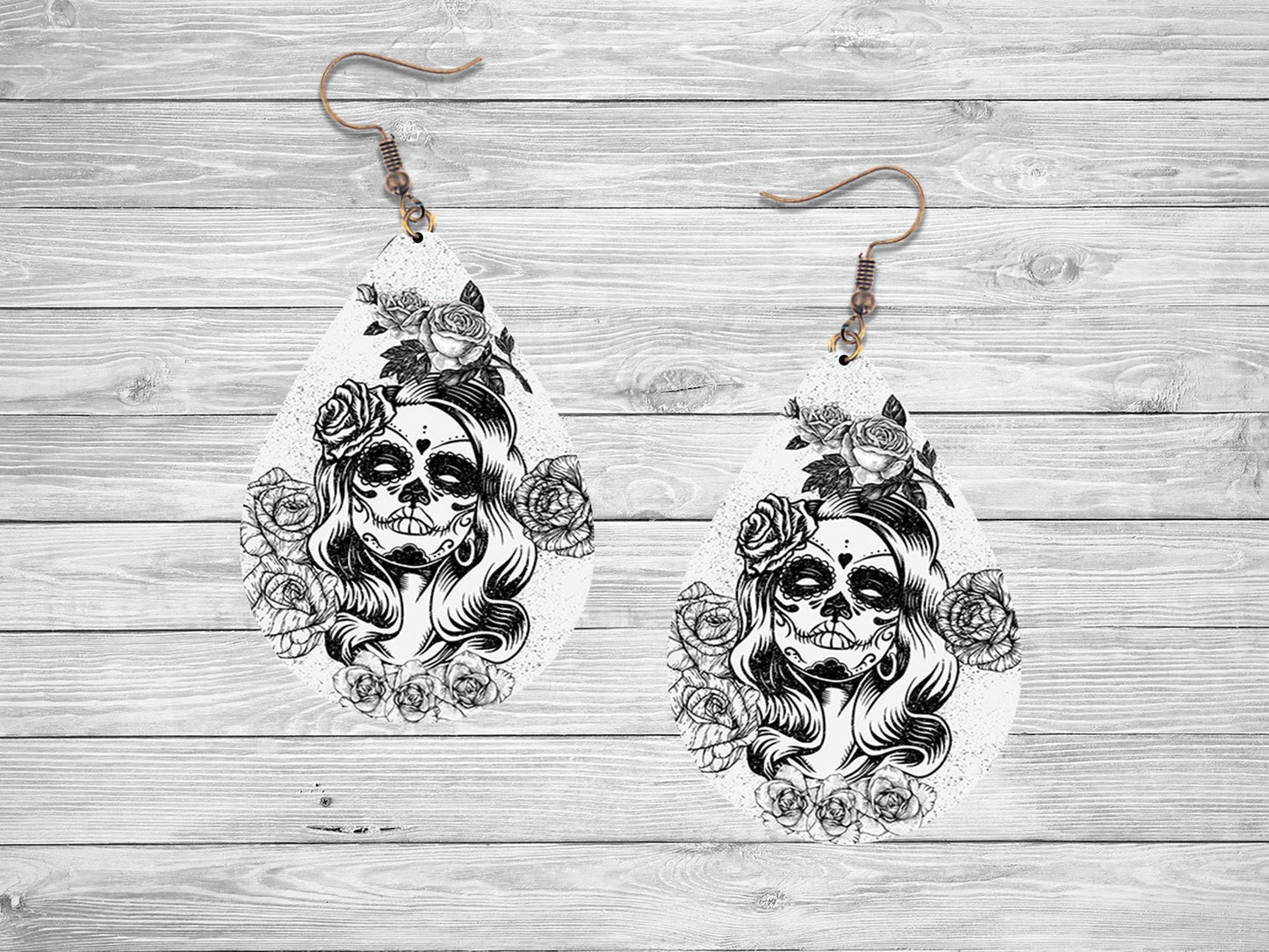 Black and White Day of the Dead Print Tear Drop Wood Dangle Earrings Hypoallergenic Jewelry